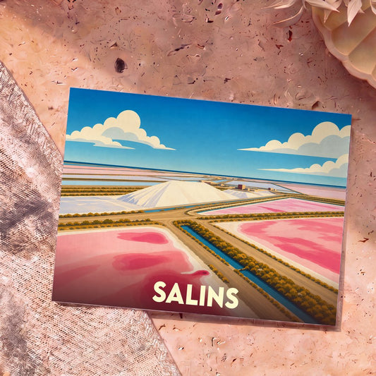 Carte postale souvenir des Salins avec une illustration stylisée montrant des marais salants roses et un mont de sel blanc.