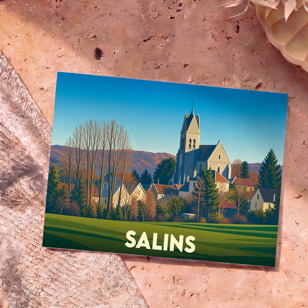Carte postale souvenir de la ville de Salins présentant une illustration stylisée de son église et de ses paysages jurassiens.