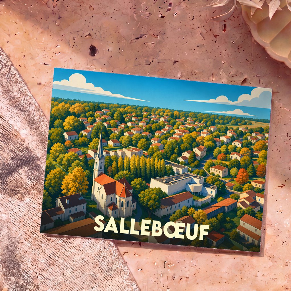 Carte postale souvenir de la ville de Sallebœuf avec une illustration stylisée et colorée vue du ciel.