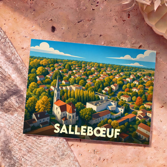 Carte postale souvenir de la ville de Sallebœuf avec une illustration stylisée et colorée vue du ciel.