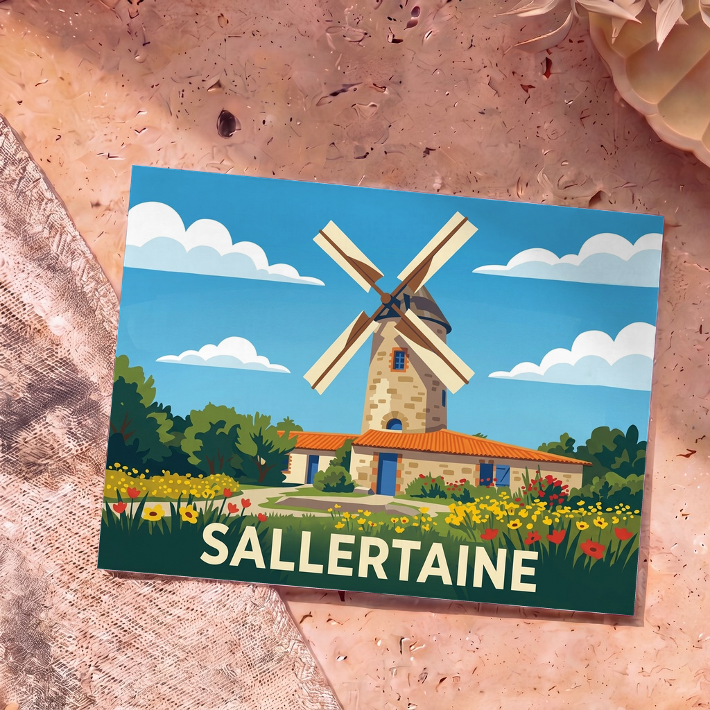 Carte postale souvenir de la ville de Sallertaine avec une illustration stylisée d'un moulin entouré de fleurs.