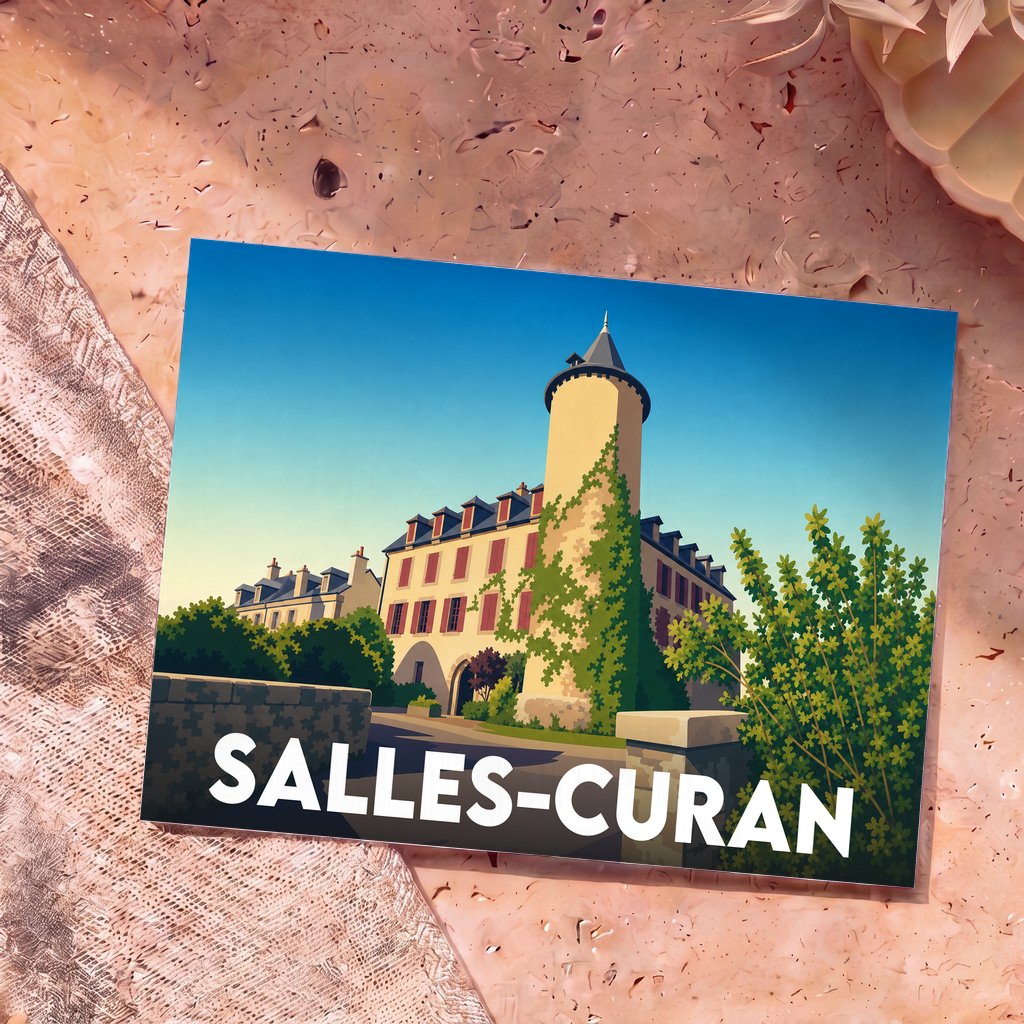 Carte postale souvenir de la ville de Salles-Curan avec une illustration stylisée de son château.