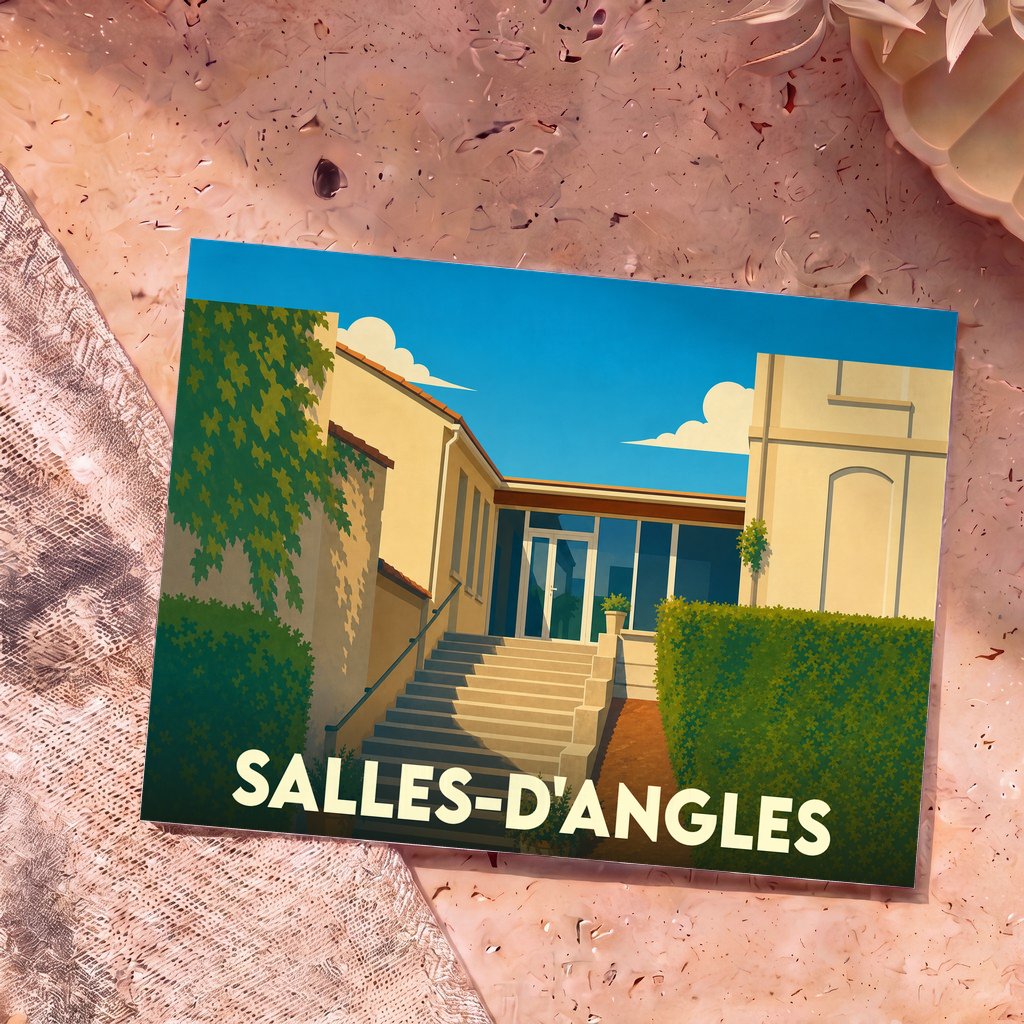 Carte postale souvenir de la ville de Salles-d'Angles avec une illustration stylisée.