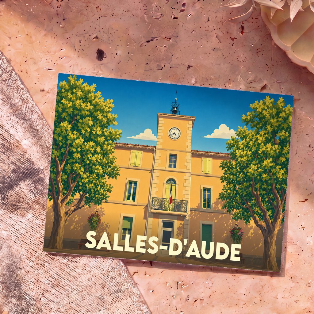 Carte postale souvenir de la ville de Salles-d'Aude avec une illustration stylisée de la mairie.