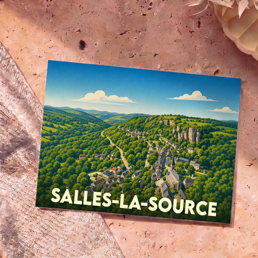 Carte postale souvenir de la ville de Salles-la-Source avec une illustration stylisée de ses paysages verdoyants.