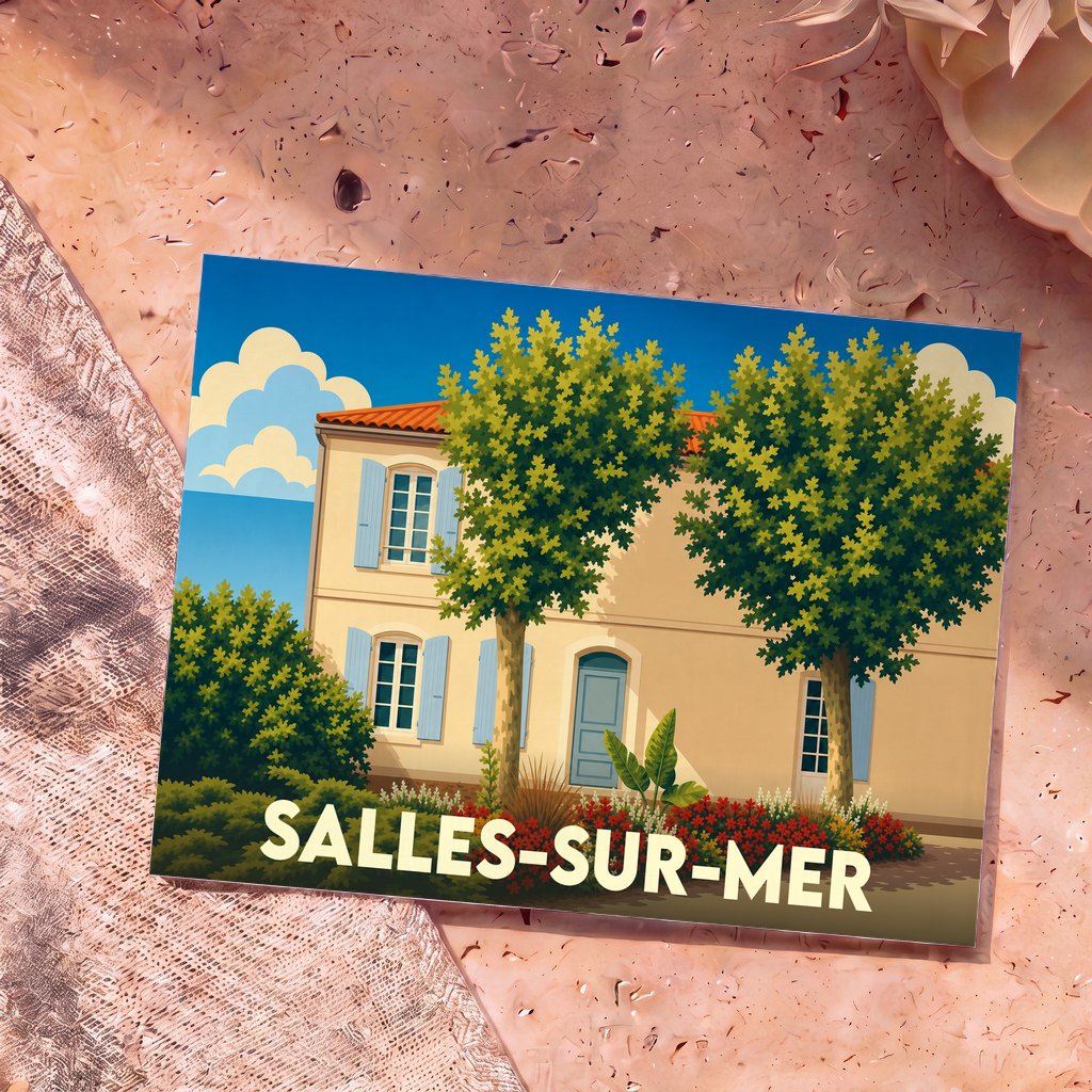 Carte postale souvenir de la ville de Salles-sur-Mer avec une illustration stylisée d'une maison charentaise.