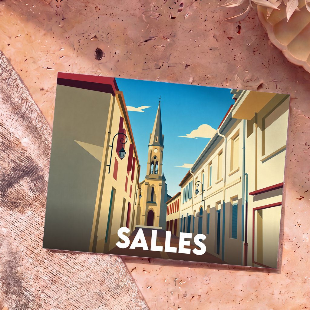 Carte postale souvenir de la ville de Salles avec une illustration stylisée d'une rue menant au clocher de l'église.