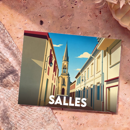 Carte postale souvenir de la ville de Salles avec une illustration stylisée d'une rue menant au clocher de l'église.