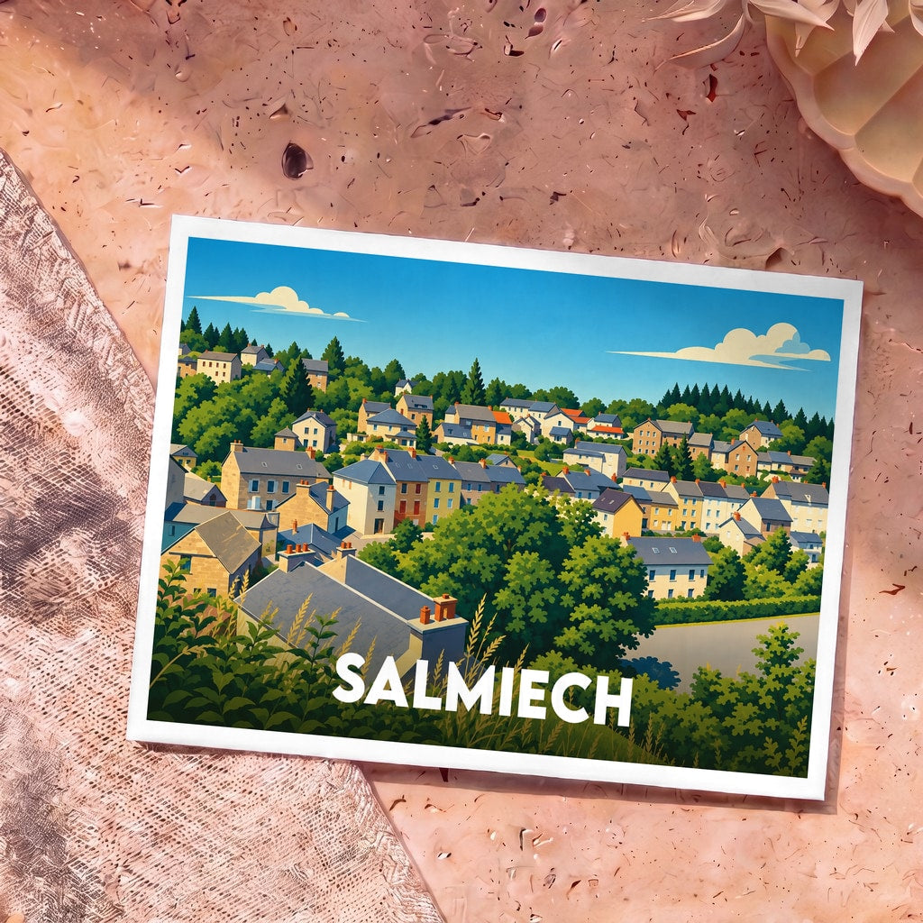 Carte postale souvenir de la ville de Salmiech avec une illustration stylisée d'un village vallonné.