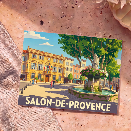 Carte postale souvenir de la ville de Salon-de-Provence avec une illustration stylisée de sa place principale et de sa fontaine.