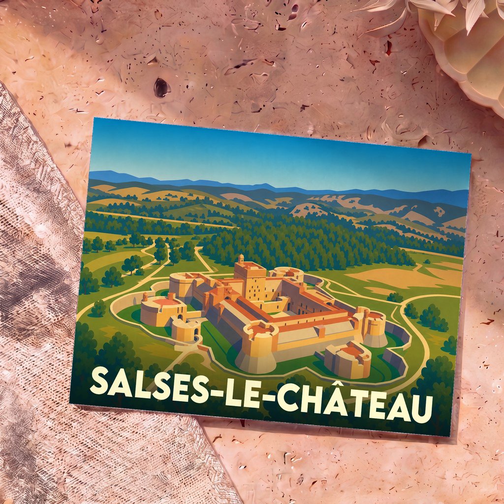 Carte postale souvenir de Salses-le-Château avec une illustration stylisée de sa célèbre forteresse.