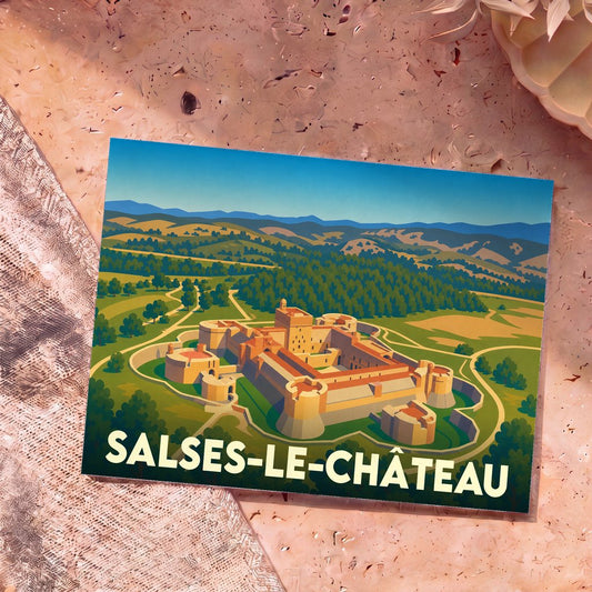 Carte postale souvenir de Salses-le-Château avec une illustration stylisée de sa célèbre forteresse.