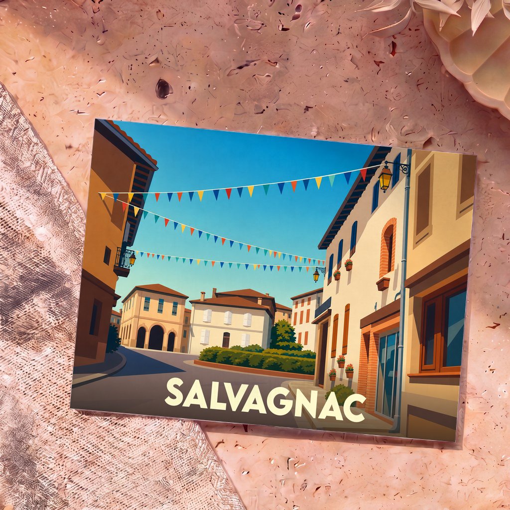 Carte postale souvenir de la ville de Salvagnac avec une illustration stylisée et colorée de ses rues pavoisées.