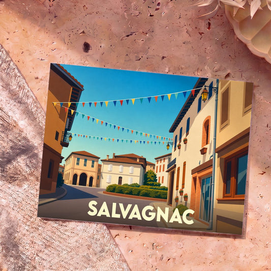 Carte postale souvenir de la ville de Salvagnac avec une illustration stylisée et colorée de ses rues pavoisées.