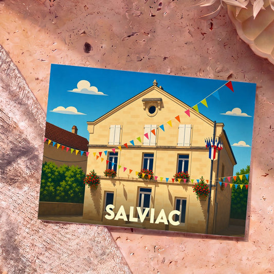 Carte postale souvenir de la ville de Salviac illustrée d'une bâtisse typique ornée de drapeaux festifs.