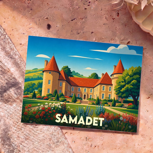 Carte postale souvenir de la ville de Samadet illustrant un château entouré de jardins fleuris dans un style graphique épuré.