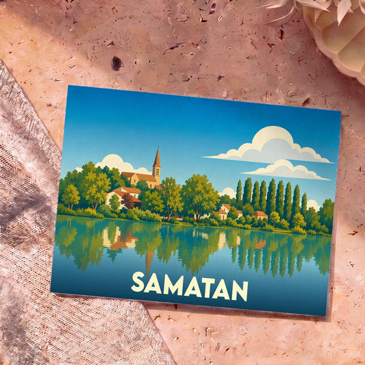 Carte postale souvenir de la ville de Samatan avec une illustration stylisée d'un paysage lacustre.