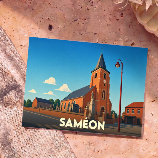 Carte postale souvenir de la ville de Saméon présentant une illustration stylisée de son église en briques sous un ciel bleu.