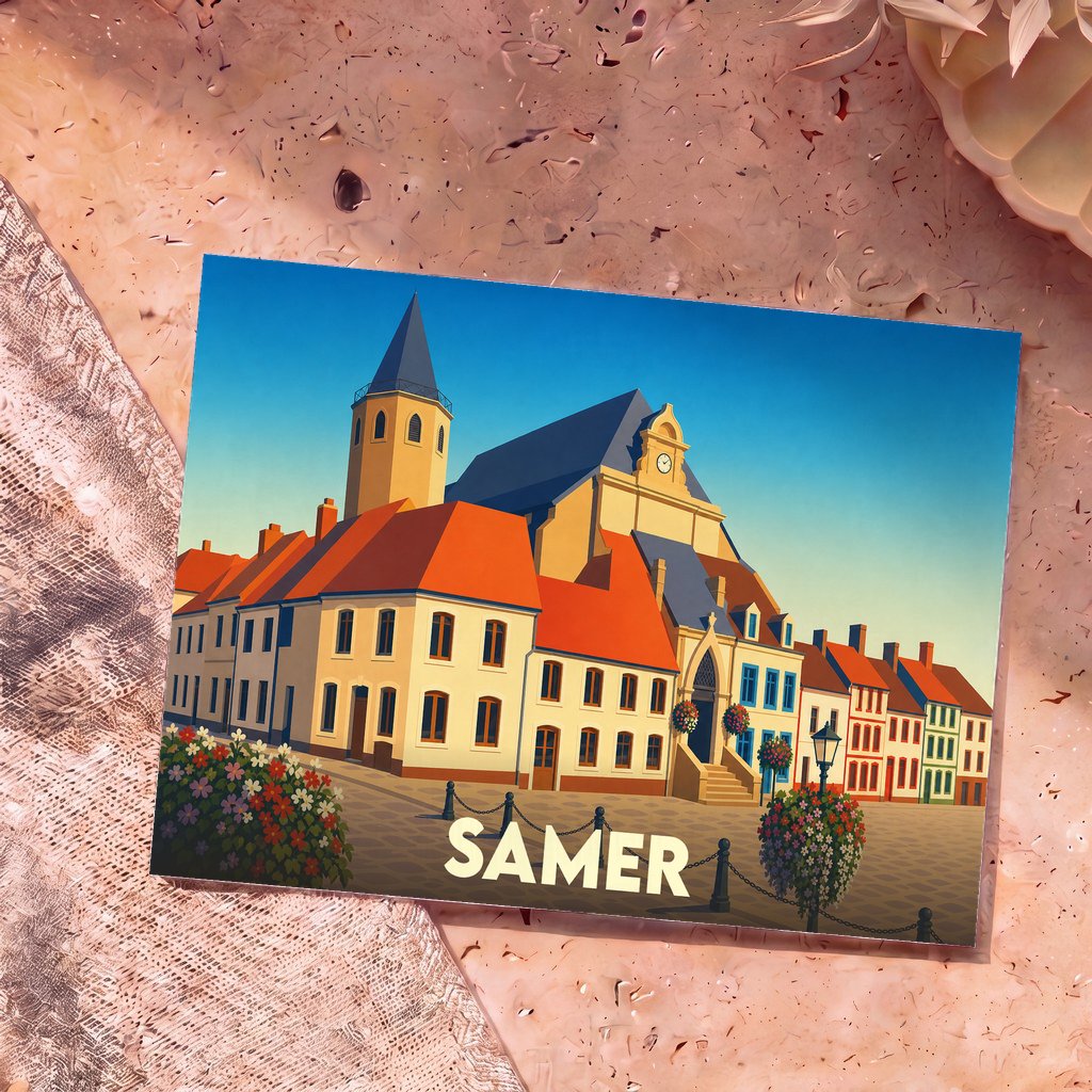 Carte postale souvenir de la ville de Samer avec une illustration stylisée de son architecture traditionnelle.