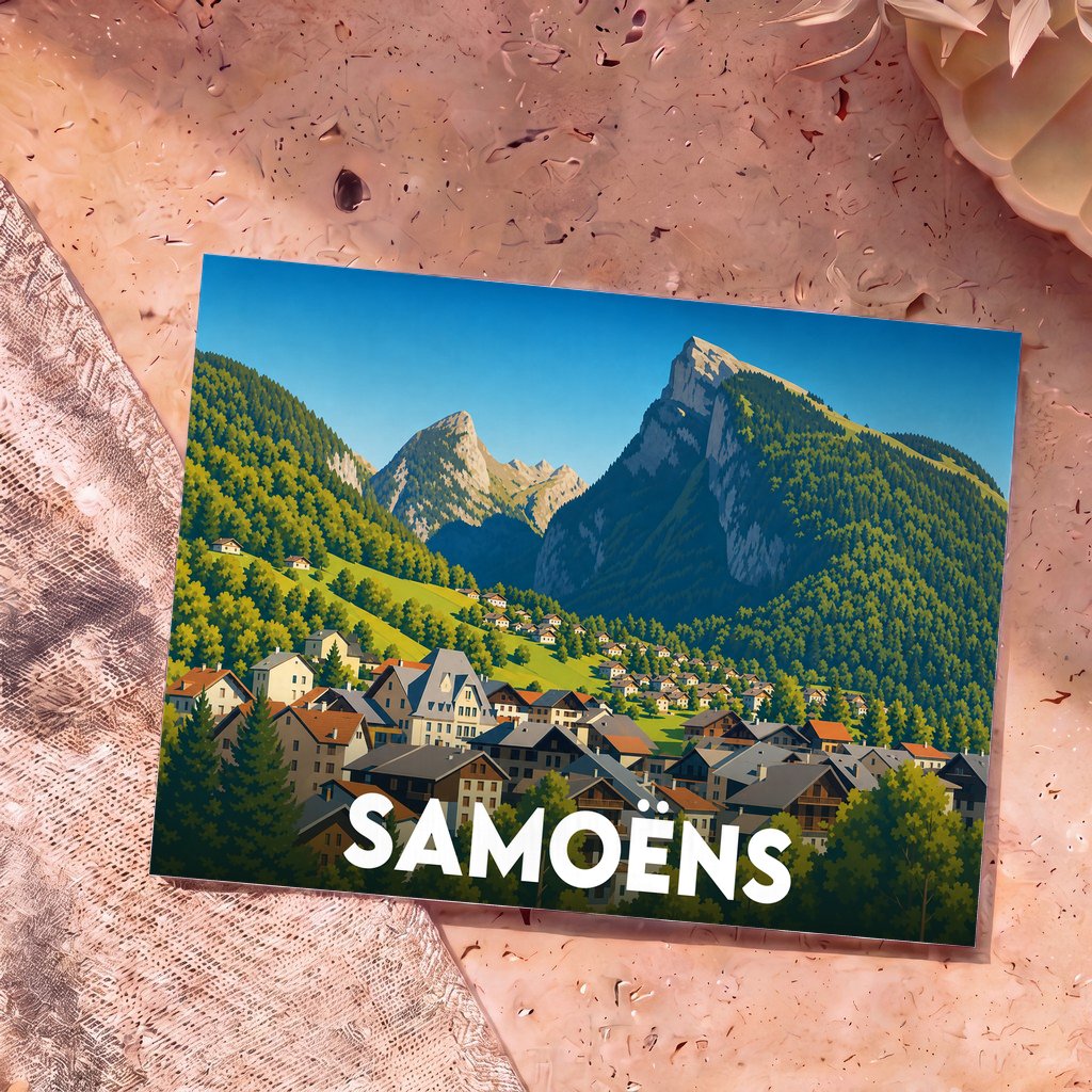 Carte postale souvenir de la ville de Samoëns illustrant un village de montagne pittoresque au pied des Alpes.