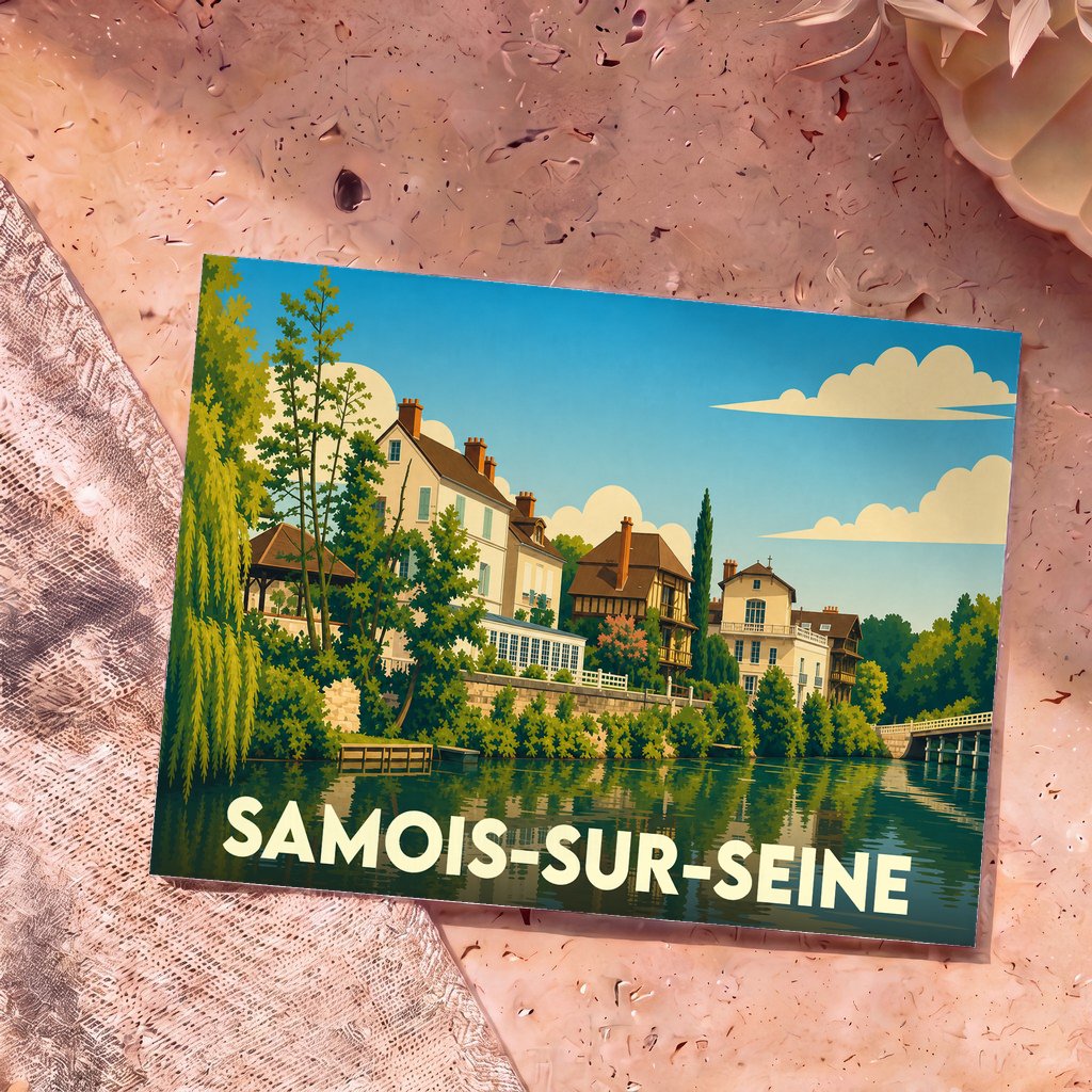 Carte postale souvenir de la ville de Samois-sur-Seine avec une illustration stylisée des bords de Seine.