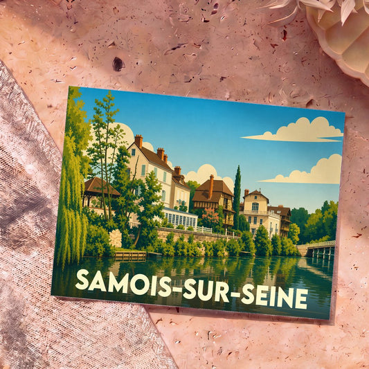 Carte postale souvenir de la ville de Samois-sur-Seine avec une illustration stylisée des bords de Seine.