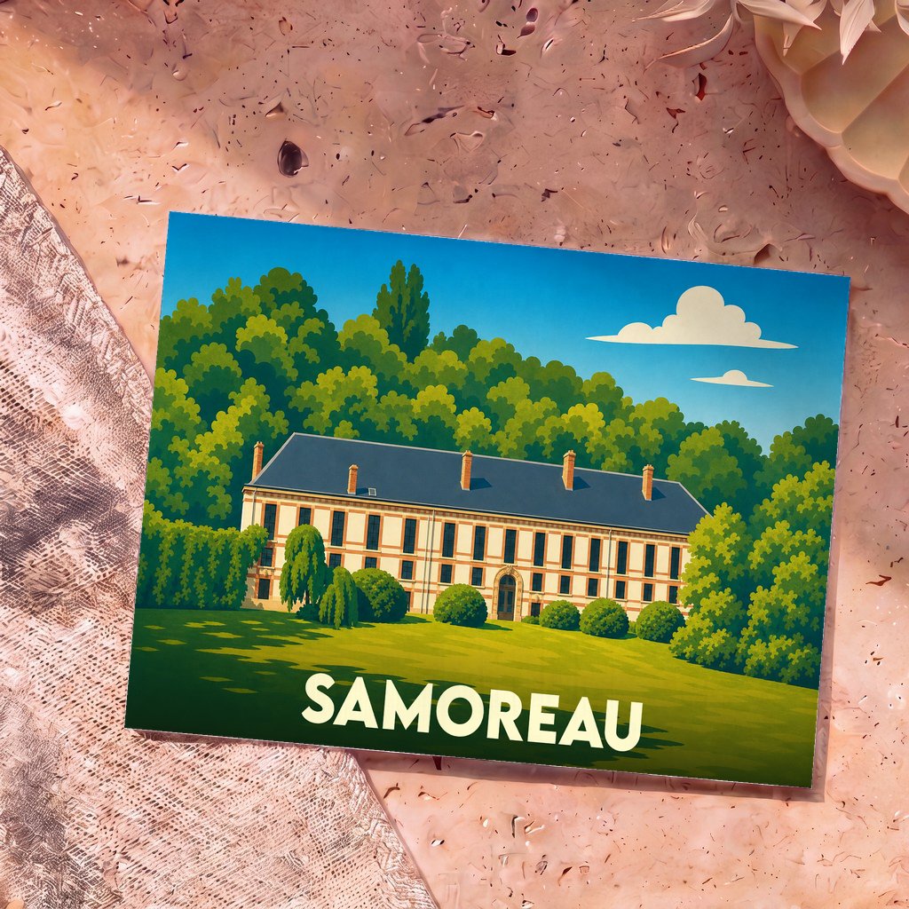 Carte postale souvenir de la ville de Samoreau arborant une illustration stylisée d'une grande demeure entourée de verdure.