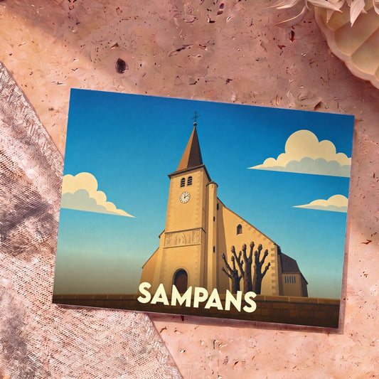 Carte postale souvenir de la ville de Sampans avec une illustration stylisée de son église.