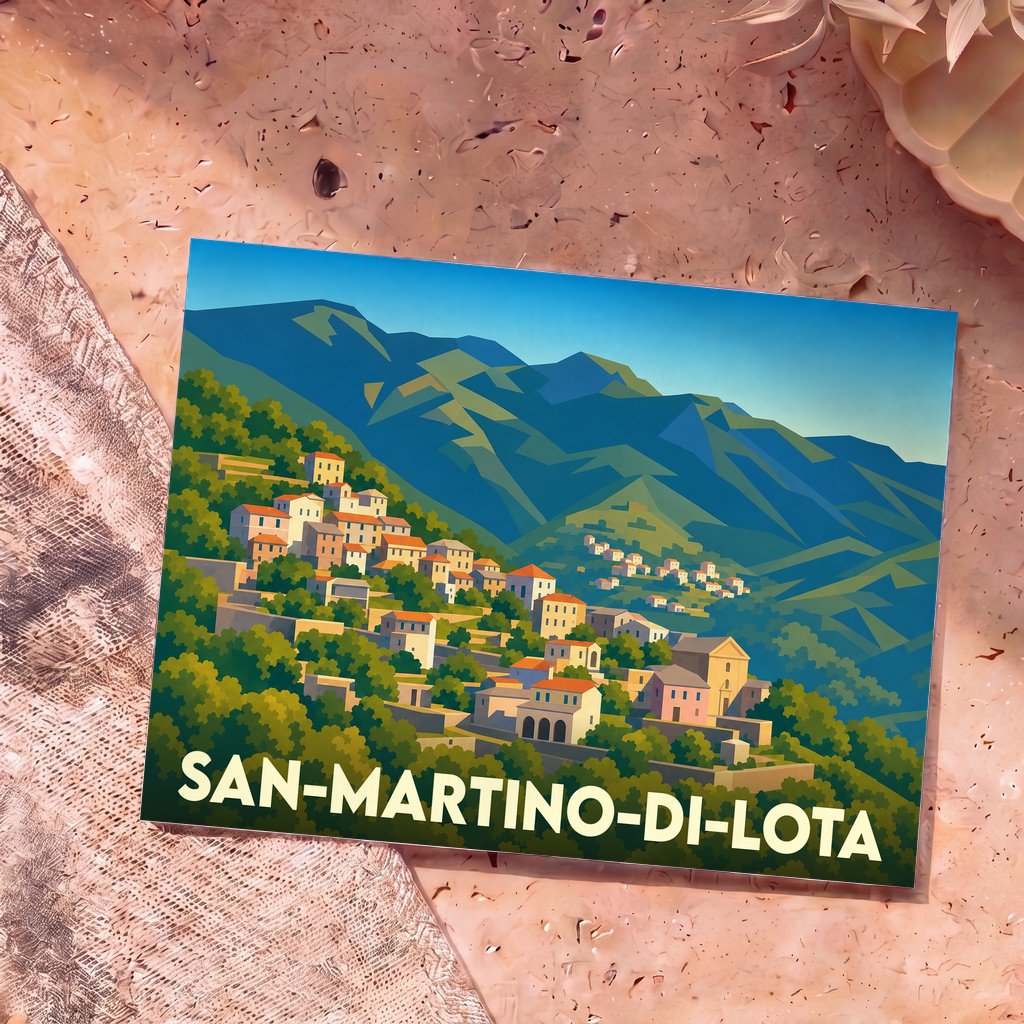 Carte postale souvenir de San-Martino-di-Lota illustrant le village à flanc de montagne dans un style graphique épuré.