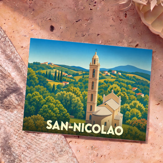 Carte postale souvenir de la ville de San-Nicolao avec une illustration stylisée d'une église et de collines verdoyantes.