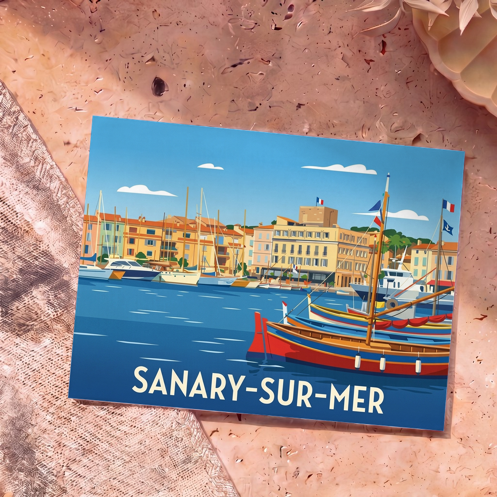 Carte postale souvenir de la ville de Sanary-sur-Mer avec une illustration stylisée de son port coloré.