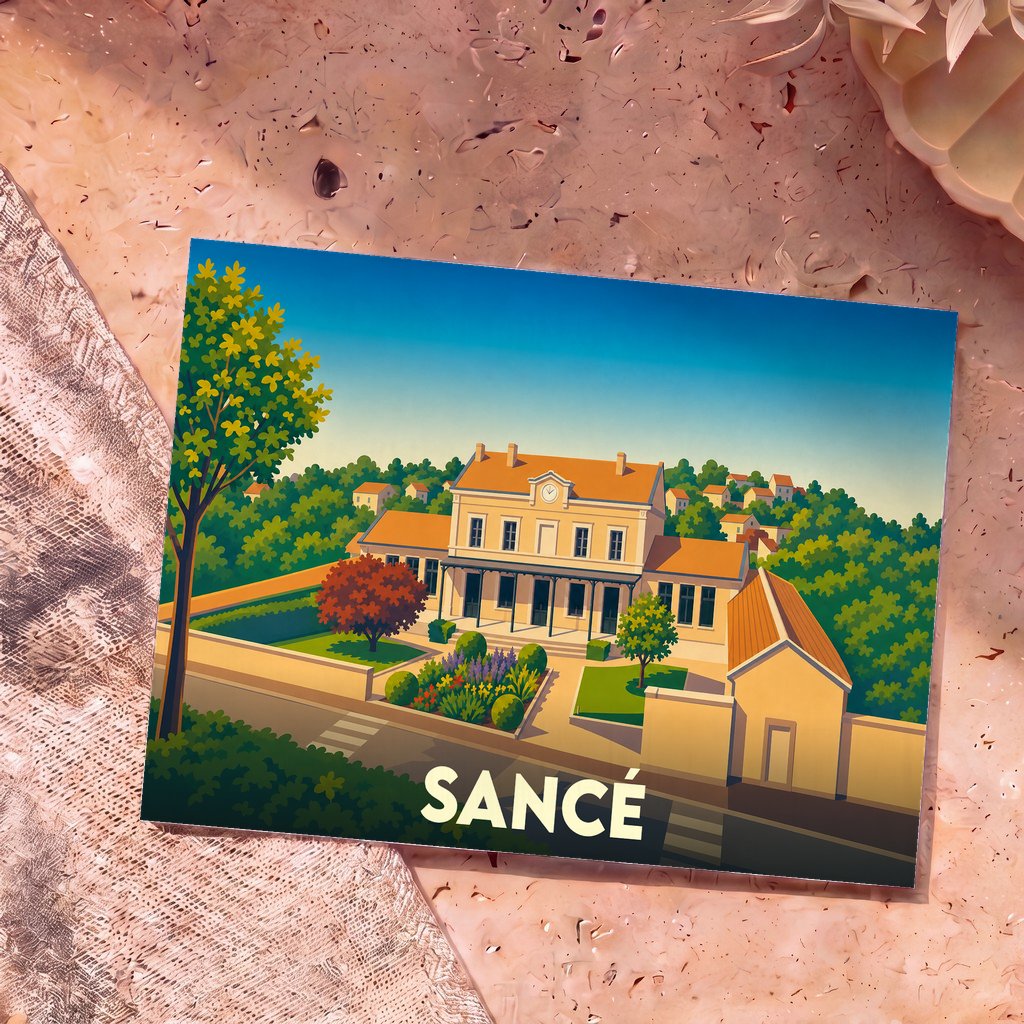 Carte postale souvenir de la ville de Sancé illustrant la mairie et son jardin dans un style graphique épuré.