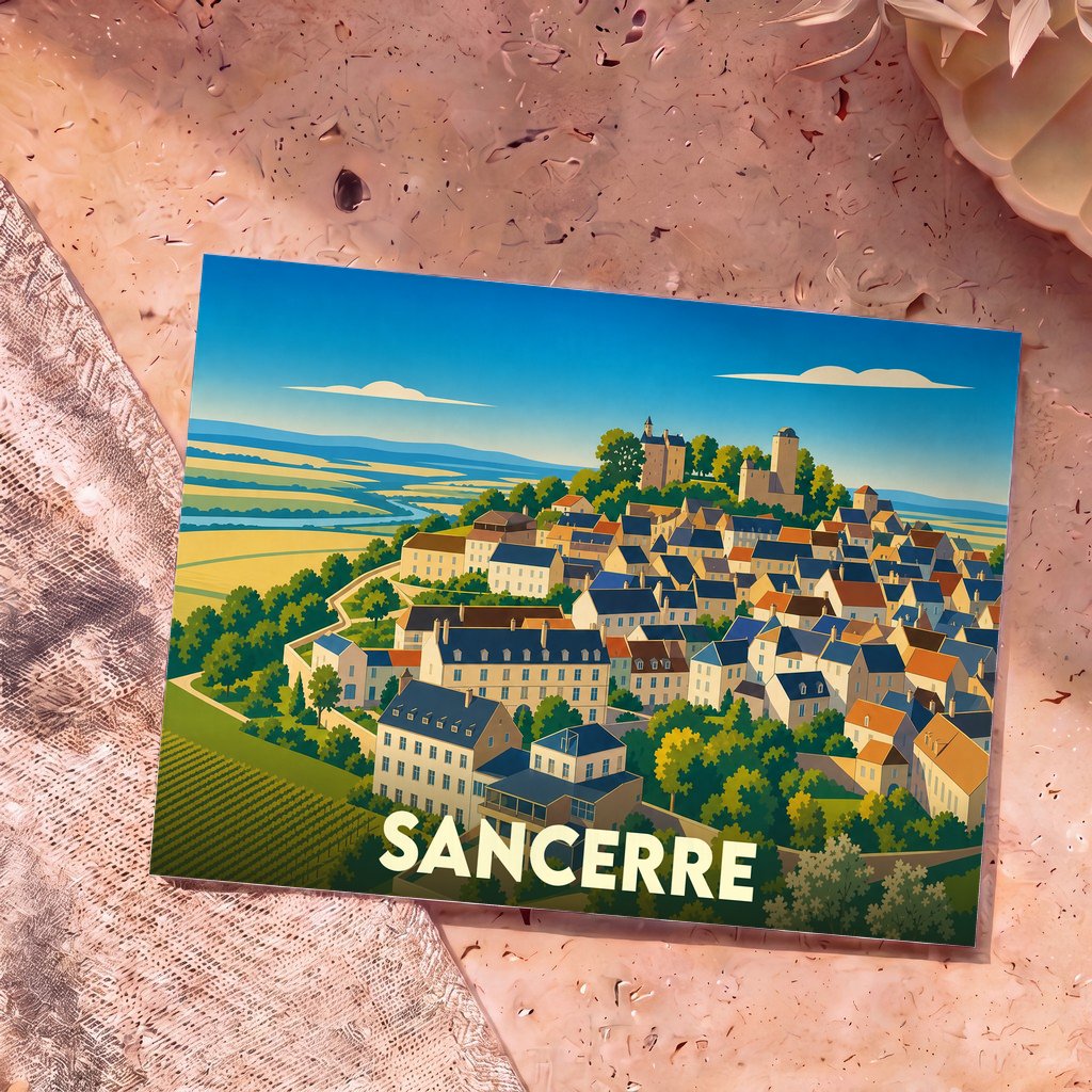 Carte postale souvenir de la ville de Sancerre avec une illustration stylisée montrant le village et son château sur une colline.