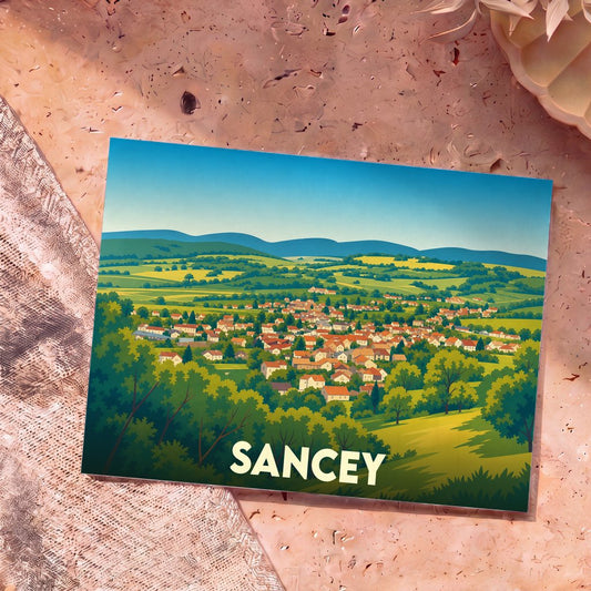 Carte postale souvenir de la ville de Sancey illustrant un panorama vallonné et coloré.