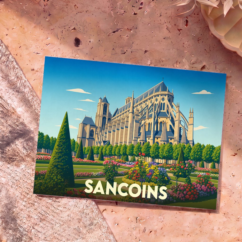 Carte postale souvenir de la ville de Sancoins avec une illustration stylisée d'une cathédrale et de ses jardins.