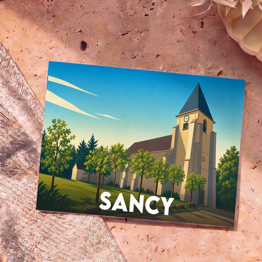 Carte postale souvenir de la ville de Sancy illustrant son église dans un style graphique épuré.