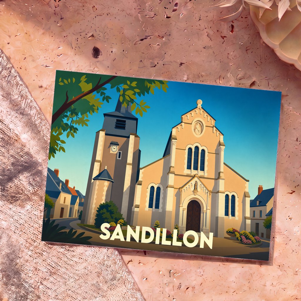 Carte postale souvenir de la ville de Sandillon avec une illustration stylisée de son église et de son clocher.