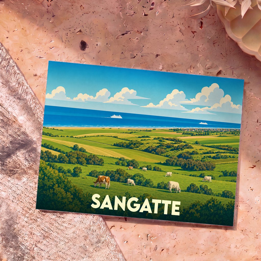 Carte postale souvenir de la ville de Sangatte avec une illustration stylisée de collines verdoyantes, de vaches et de la mer.