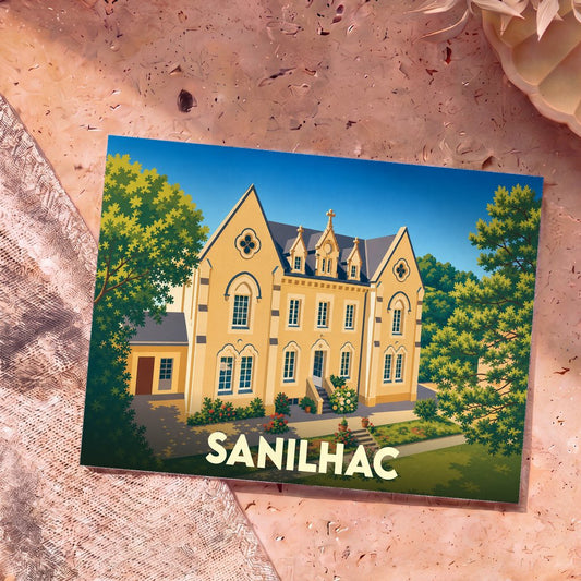 Carte postale souvenir de la ville de Sanilhac avec une illustration stylisée de son château.