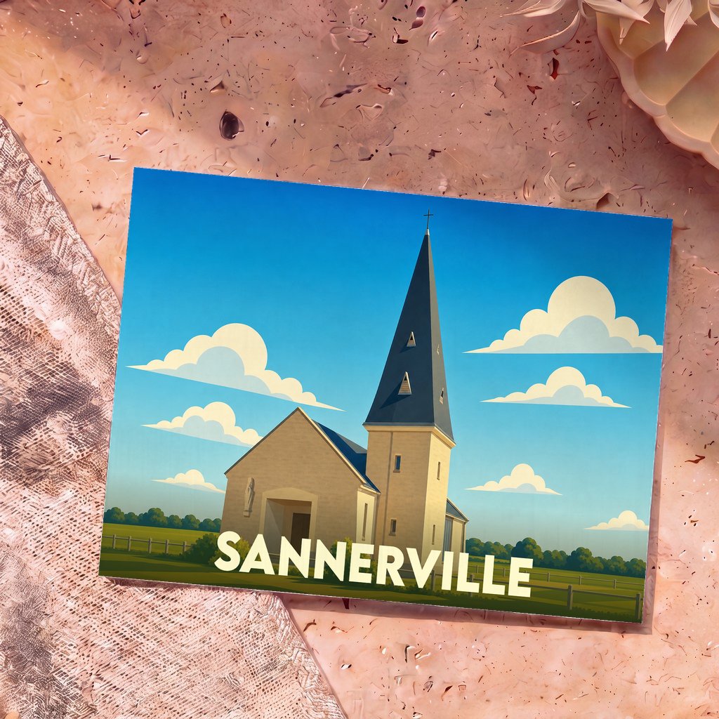 Carte postale souvenir de la ville de Sannerville avec une illustration stylisée d'une église sous un ciel bleu.