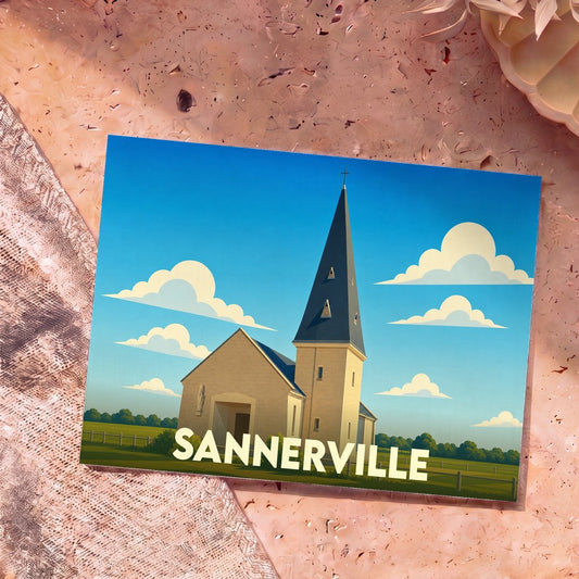 Carte postale souvenir de la ville de Sannerville avec une illustration stylisée d'une église sous un ciel bleu.