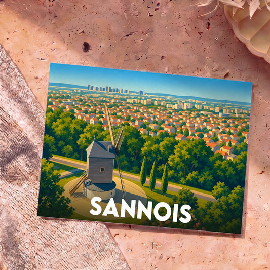 Carte postale souvenir de la ville de Sannois illustrant son moulin historique surplombant un panorama urbain.