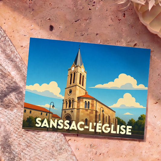 Carte postale souvenir de la ville de Sanssac-l'Église avec une illustration stylisée de son église sous un ciel bleu.