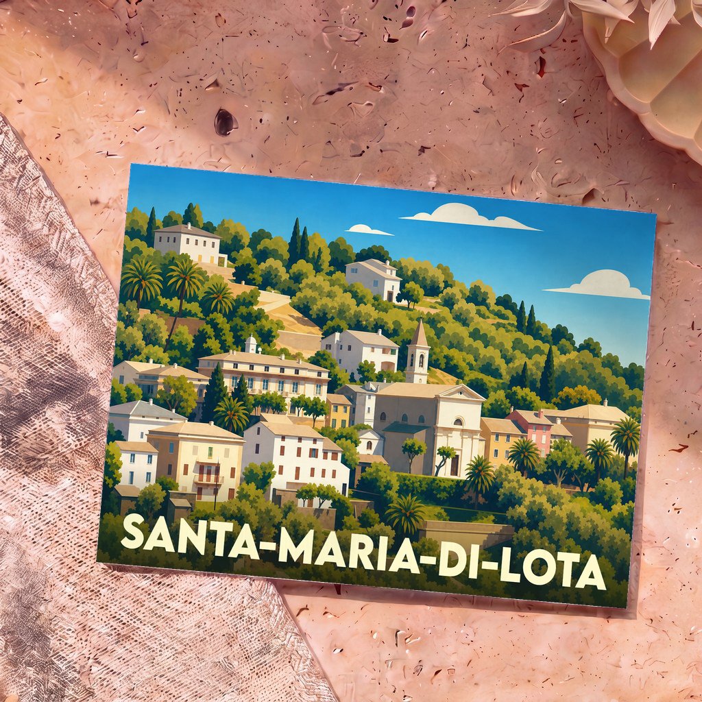 Carte postale souvenir de la ville de Santa-Maria-di-Lota illustrant ses collines verdoyantes et ses maisons blanches.