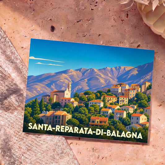 Carte postale souvenir de Santa-Reparata-di-Balagna illustrant le village corse niché à flanc de montagne.