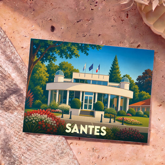 Carte postale souvenir de la ville de Santes illustrant l'hôtel de ville dans un style graphique épuré et coloré.