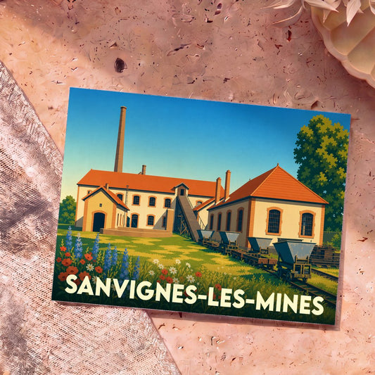 Carte postale souvenir de la ville de Sanvignes-les-Mines avec une illustration stylisée de ses anciens bâtiments miniers.