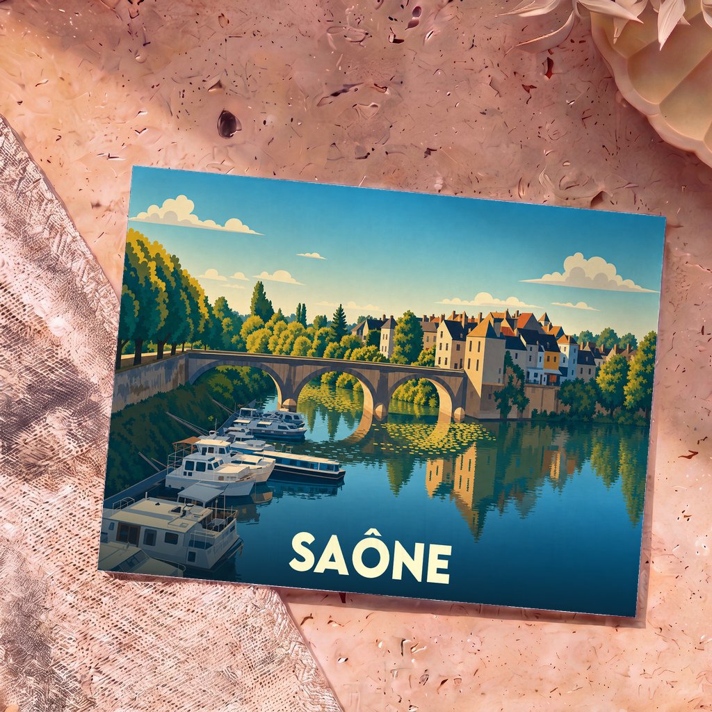 Carte postale souvenir de la rivière Saône avec une illustration stylisée montrant un pont de pierre et des bateaux à quai.