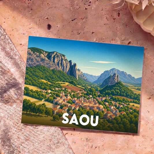 Carte postale souvenir de la ville de Saou avec une illustration stylisée de son village et de ses montagnes.