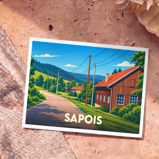 Carte postale souvenir de la ville de Sapois avec une illustration stylisée de paysages vosgiens.